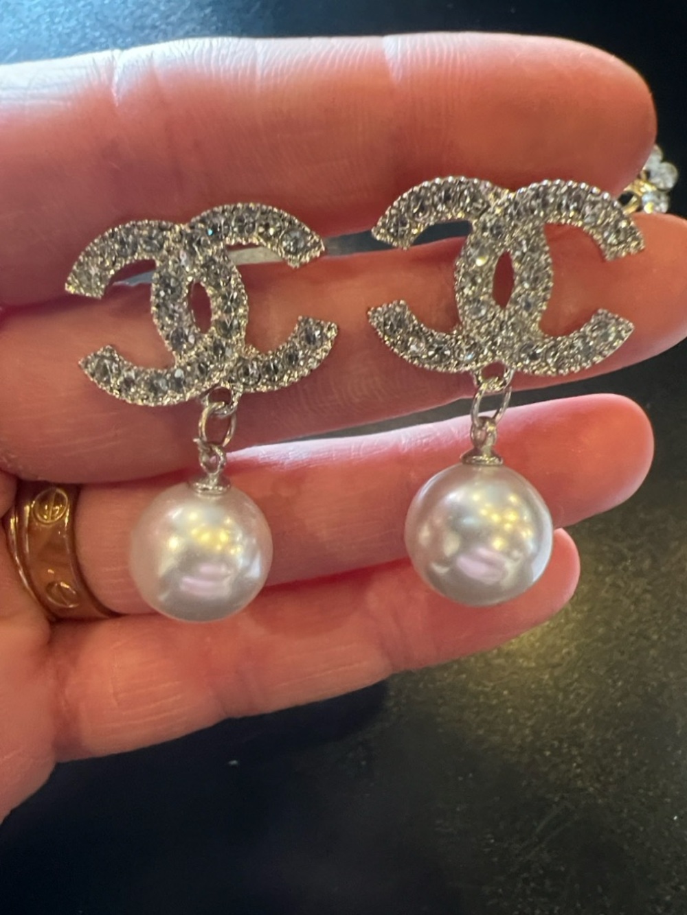 CHANEL Silver Crystal CC Drop Earrings with White Pearl